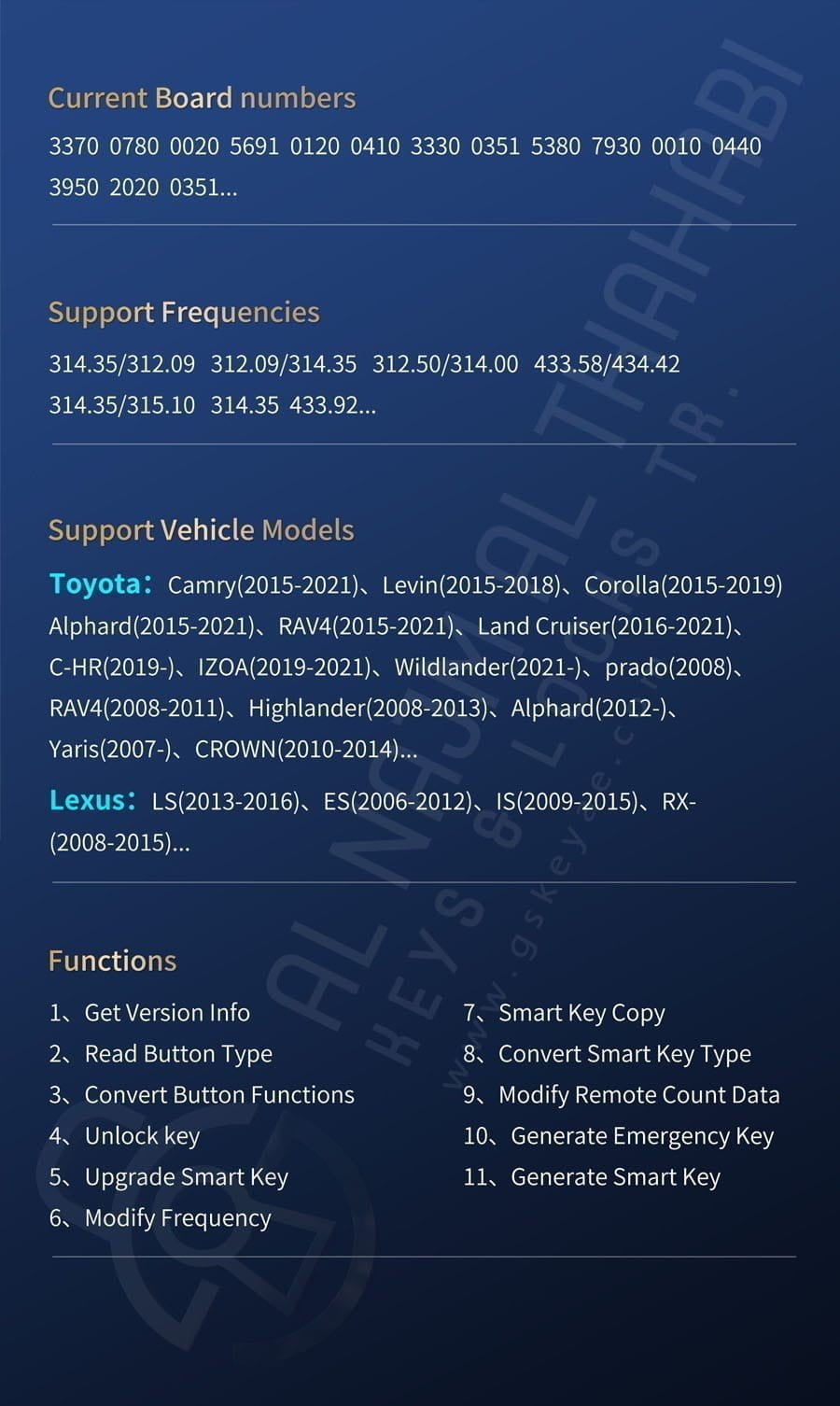 Lonsdor LT20-01 8A+4D Toyota & Lexus Smart Key PCB Functions